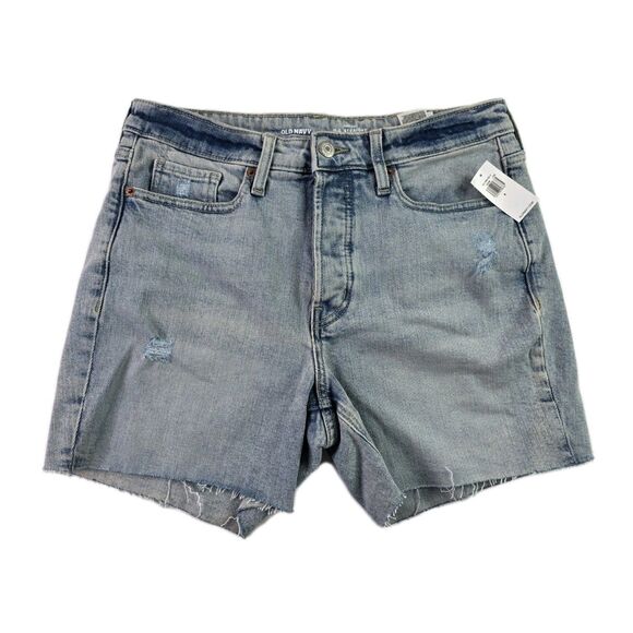 Old Navy O.G Straight Denim Shorts Blue Raw Hem Distressed Pockets Womens 8 NWT - Picture 1 of 5
